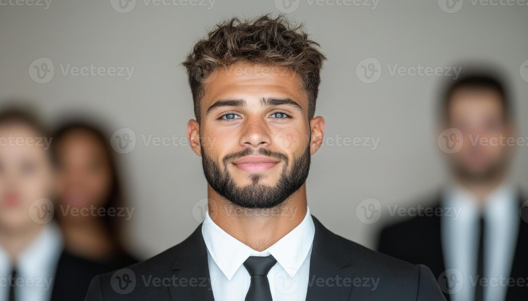 Young man smiles confidently in a suit, surrounded by colleagues in a corporate environment photo