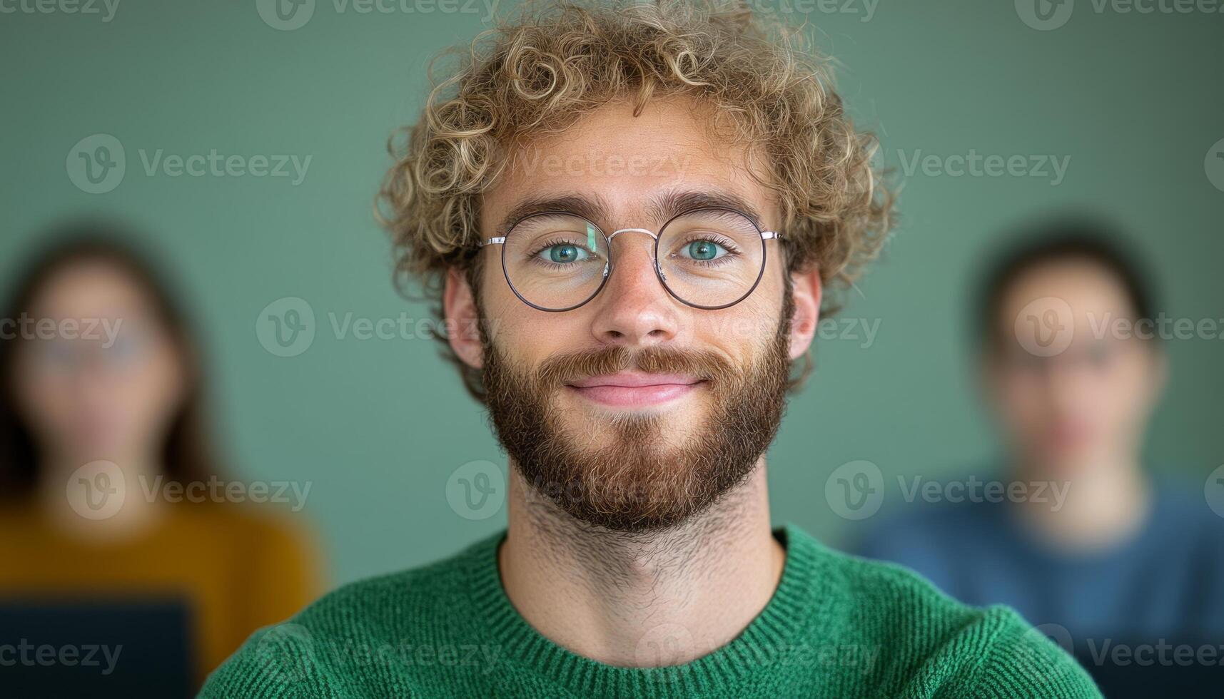 Young man with glasses and a green sweater smiles while classmates work on tasks photo