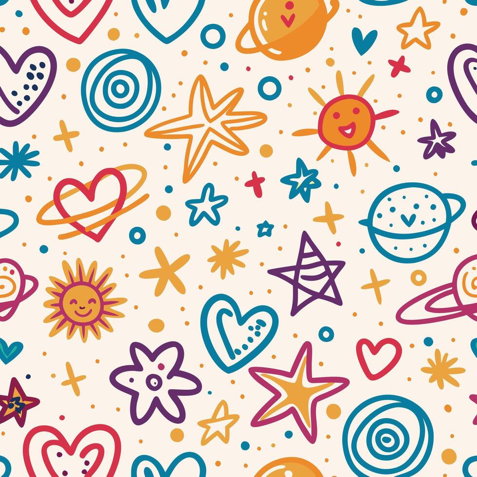 a colorful pattern with stars, hearts and planets vector