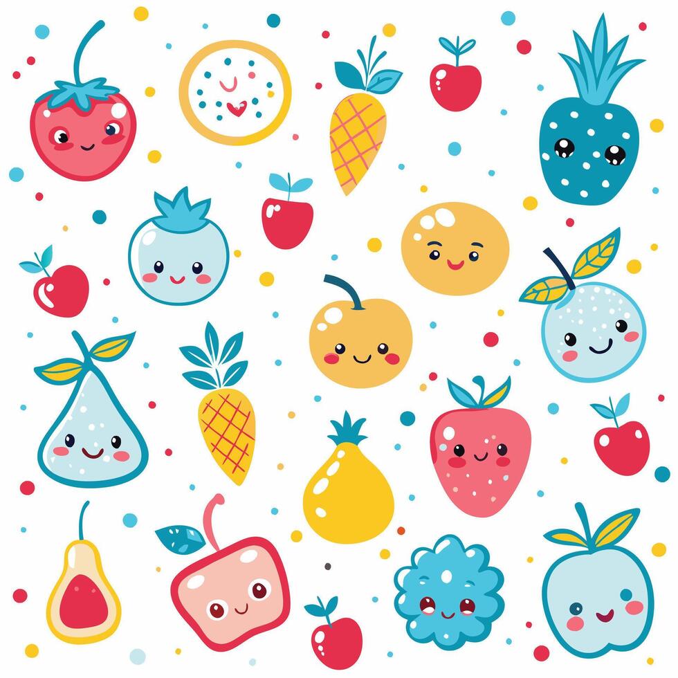 a set of fruit and vegetables with faces and eyes vector