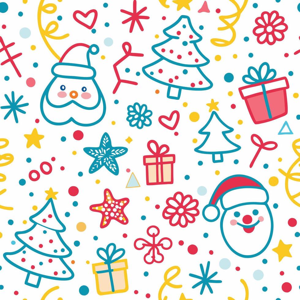 christmas seamless pattern with santa claus, christmas tree, presents and snowflakes vector