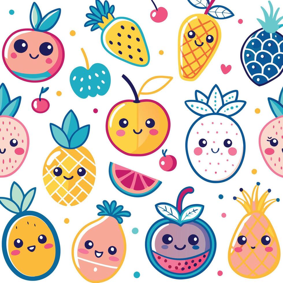cute fruit pattern with cute faces and fruit vector