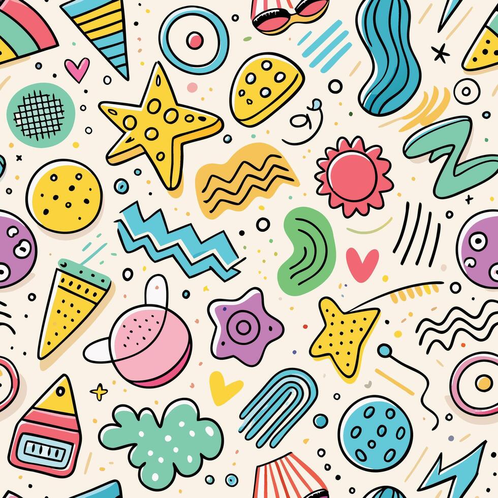 seamless pattern with colorful doodles and shapes vector