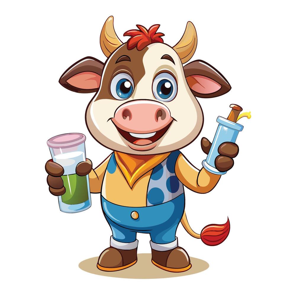cartoon cow holding a glass of milk and a glass of juice vector