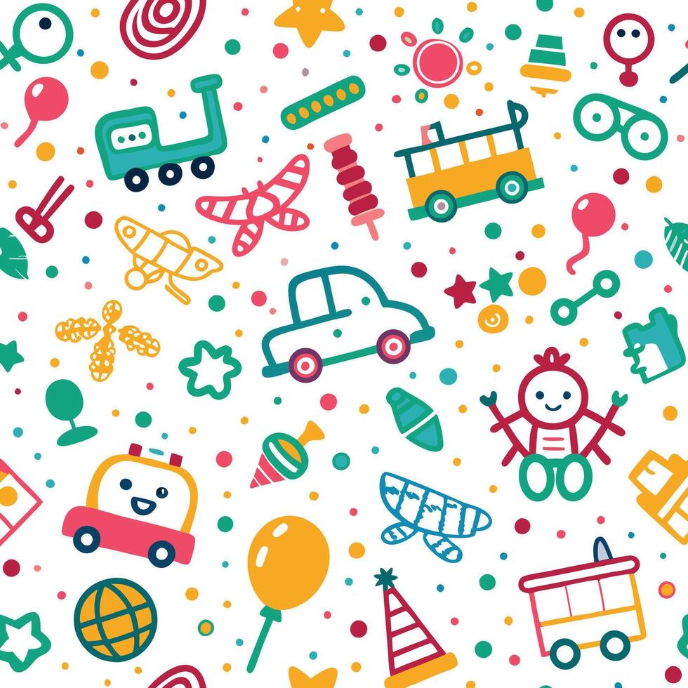 seamless pattern with colorful toys and vehicles vector