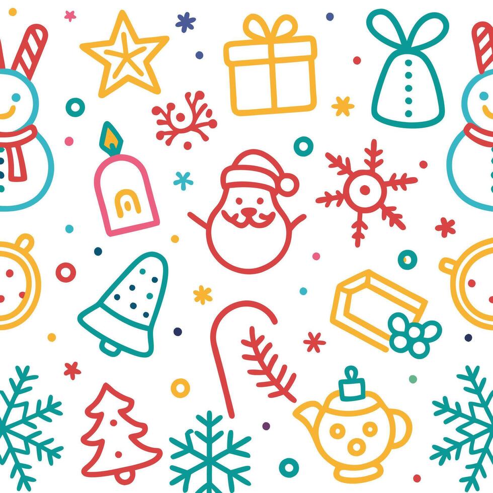 christmas seamless pattern with snowman, snowflake, santa claus, reindeer vector