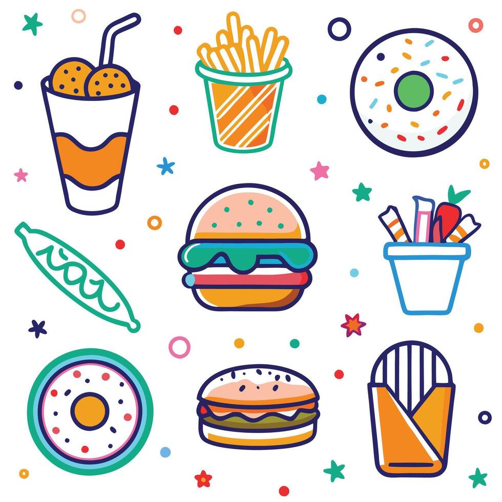 fast food icons set, including hamburger, fries, donut, ice cream, and more vector