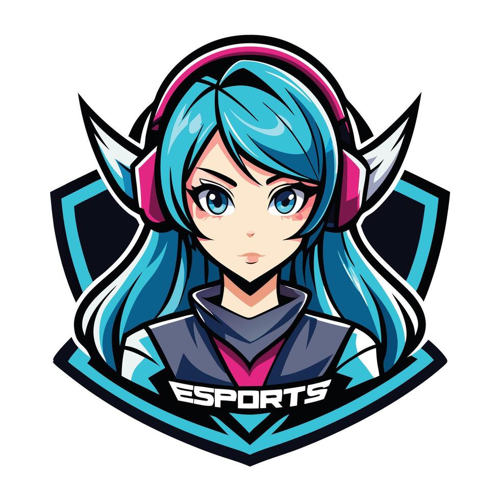 a girl with blue hair and headphones in the logo for esports vector