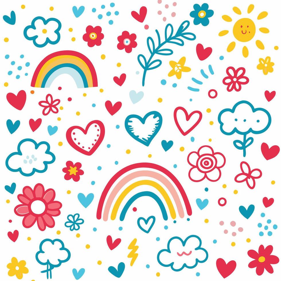 cute doodle pattern with hearts, sun, rainbows and clouds vector