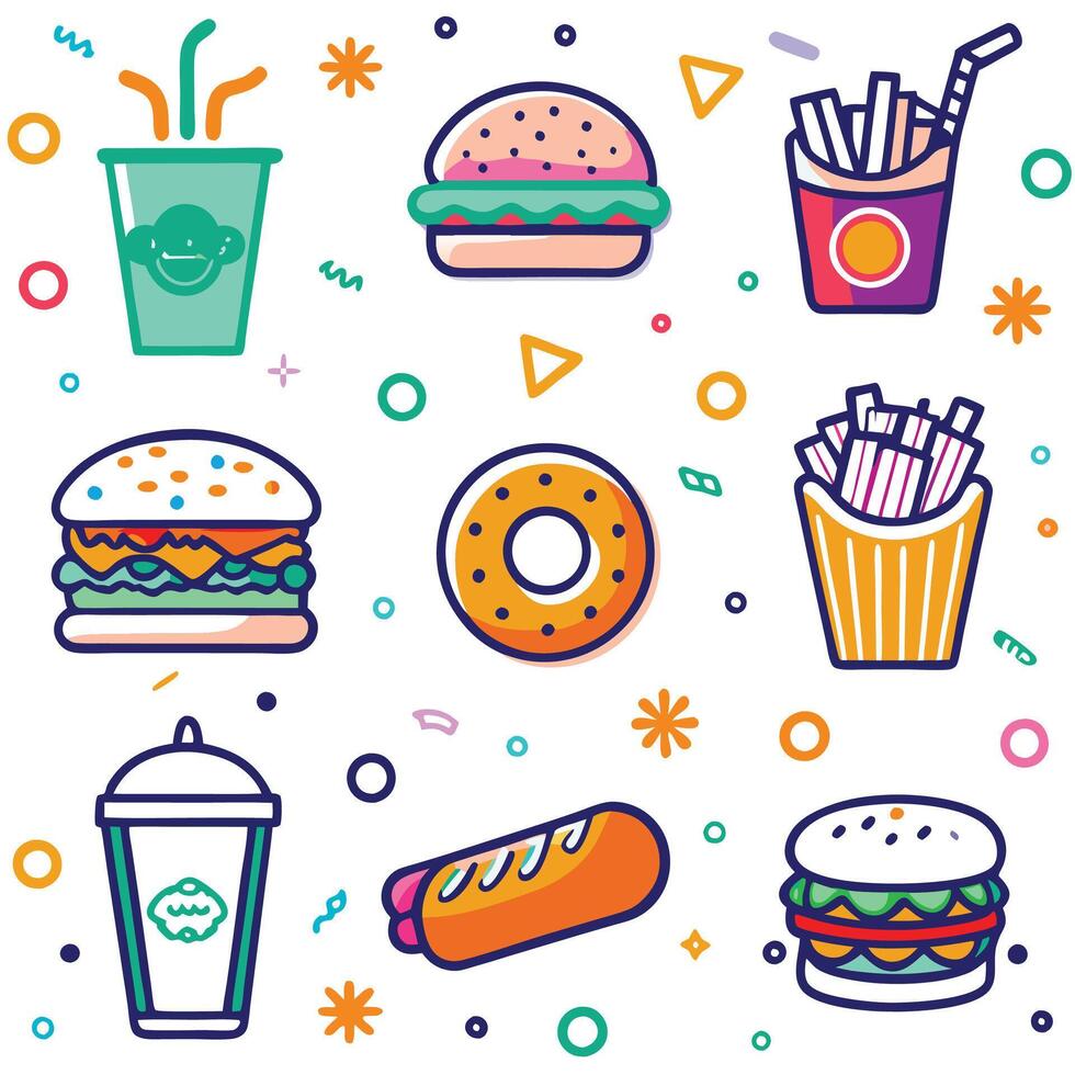 fast food icons set, including hamburgers, fries, and donuts vector