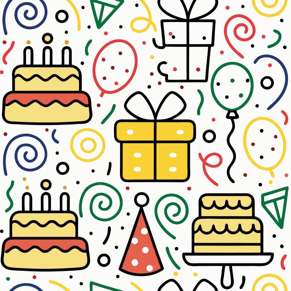 birthday seamless pattern with cake, balloons and confetti vector
