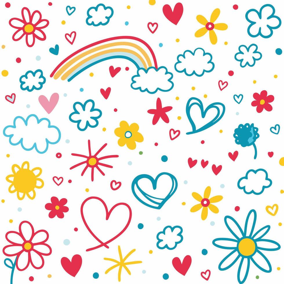 a colorful pattern with hearts, flowers and clouds vector