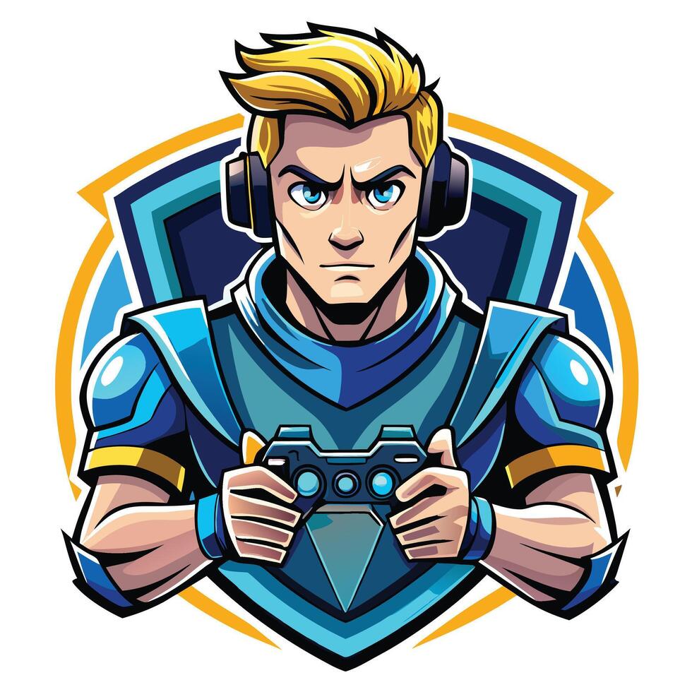 a male gamer with headphones holding a controller vector