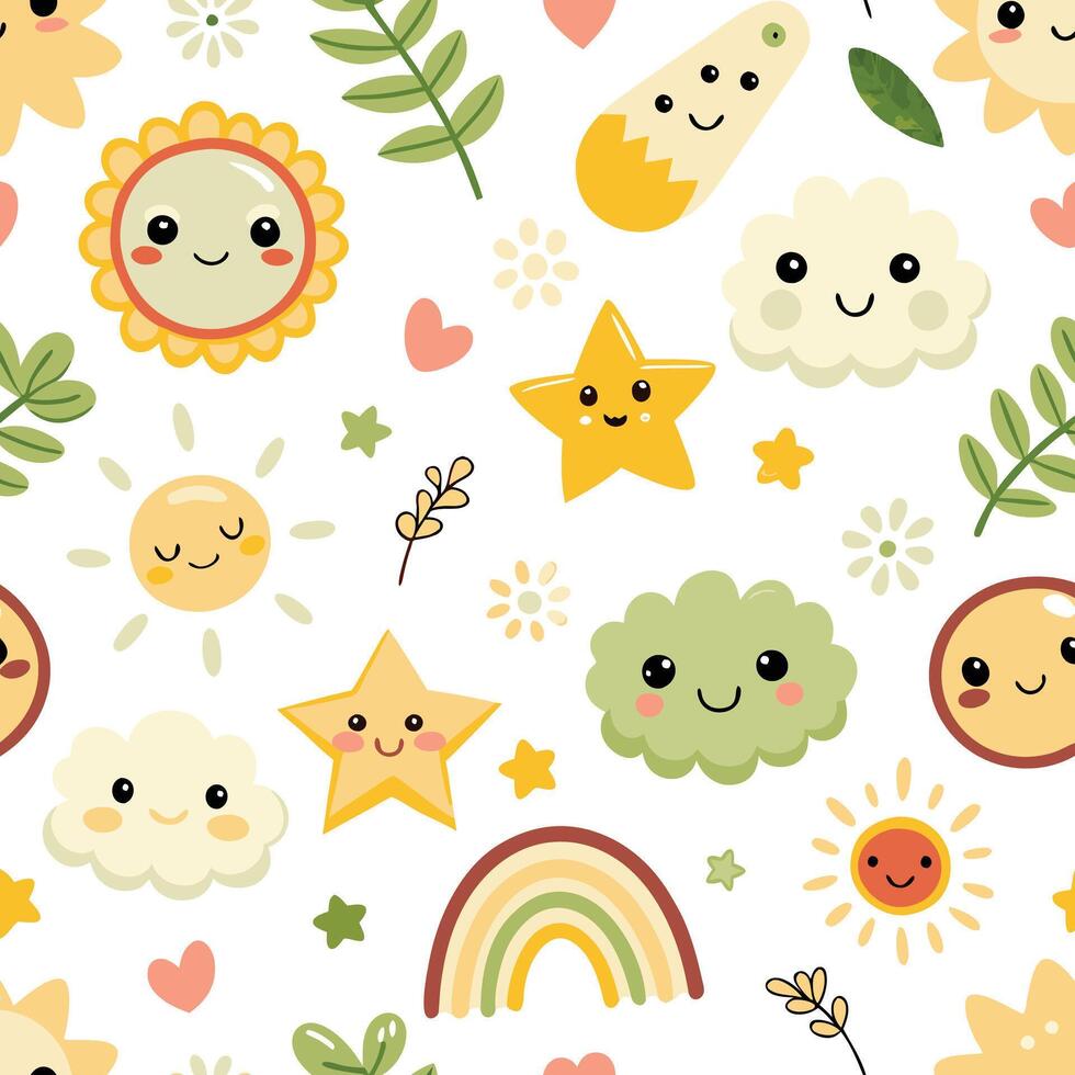 cute sun, rainbows, clouds and hearts seamless pattern vector