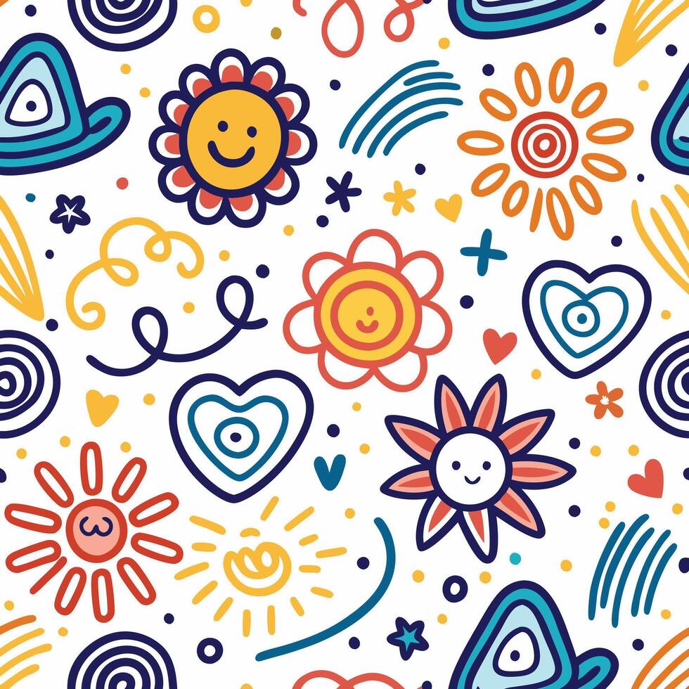 a colorful pattern with sun, flowers and hearts vector