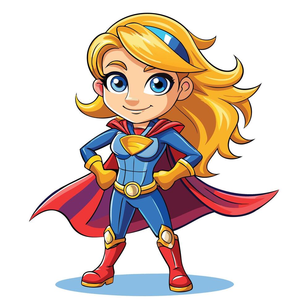cartoon girl superhero in blue costume with red cape vector