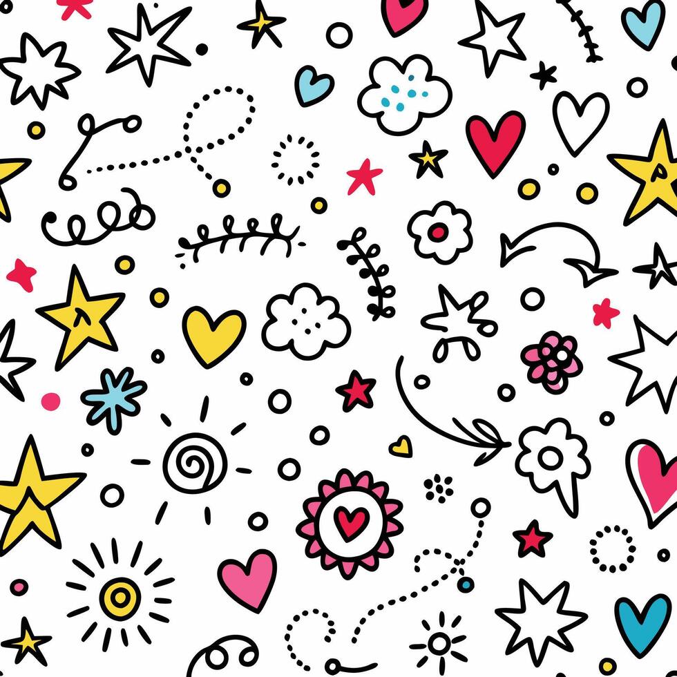 a colorful doodle pattern with hearts, stars and other symbols vector