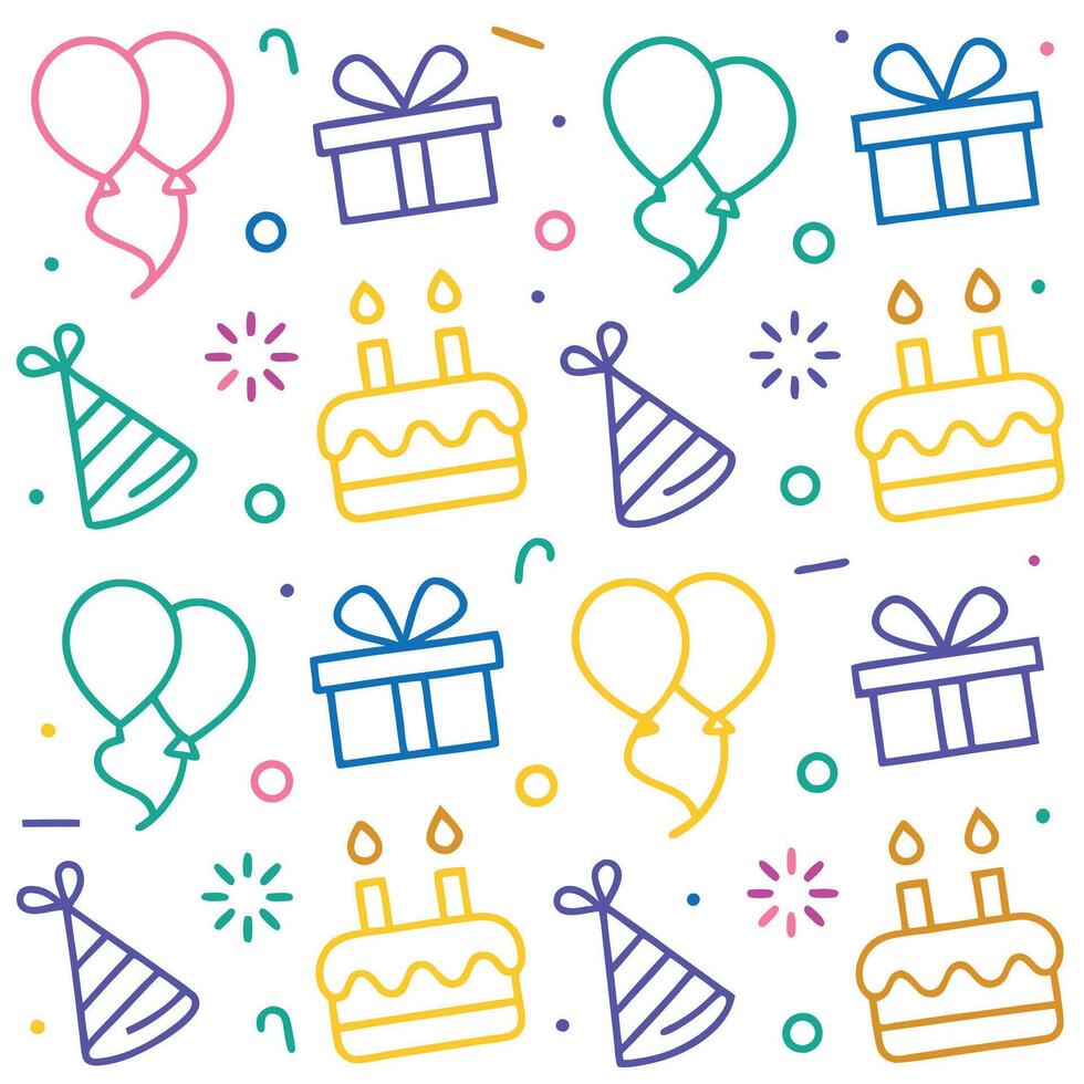 birthday seamless pattern with birthday cake, balloons and confetti vector