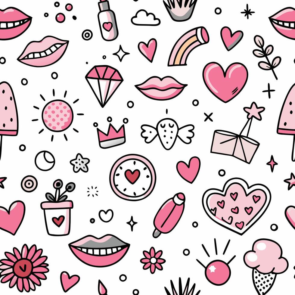 a pink and white pattern with hearts, flowers and other items vector