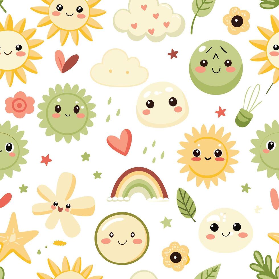 seamless pattern with cute sun, rain, clouds and hearts vector
