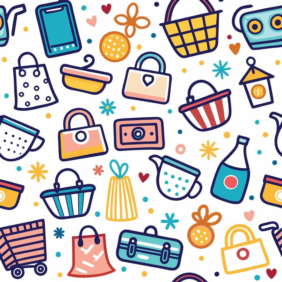 shopping seamless pattern with colorful objects vector