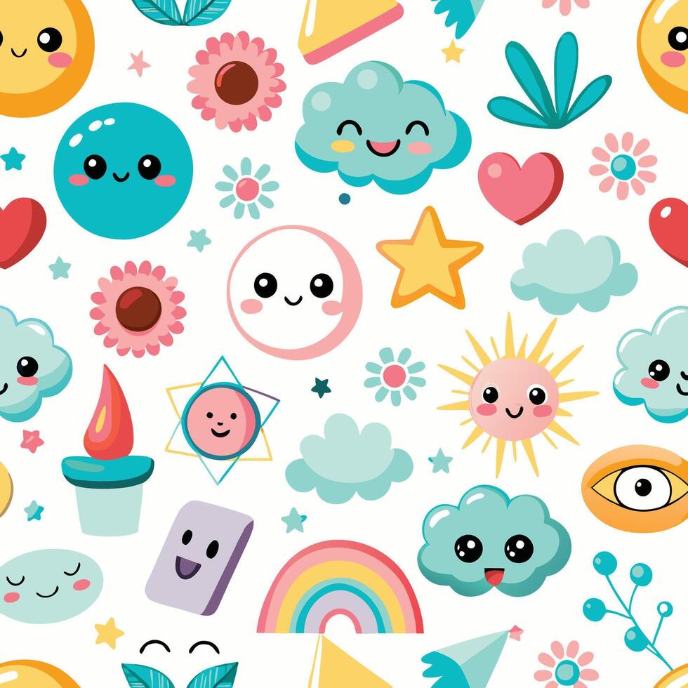 seamless pattern with cute cartoon faces and clouds vector