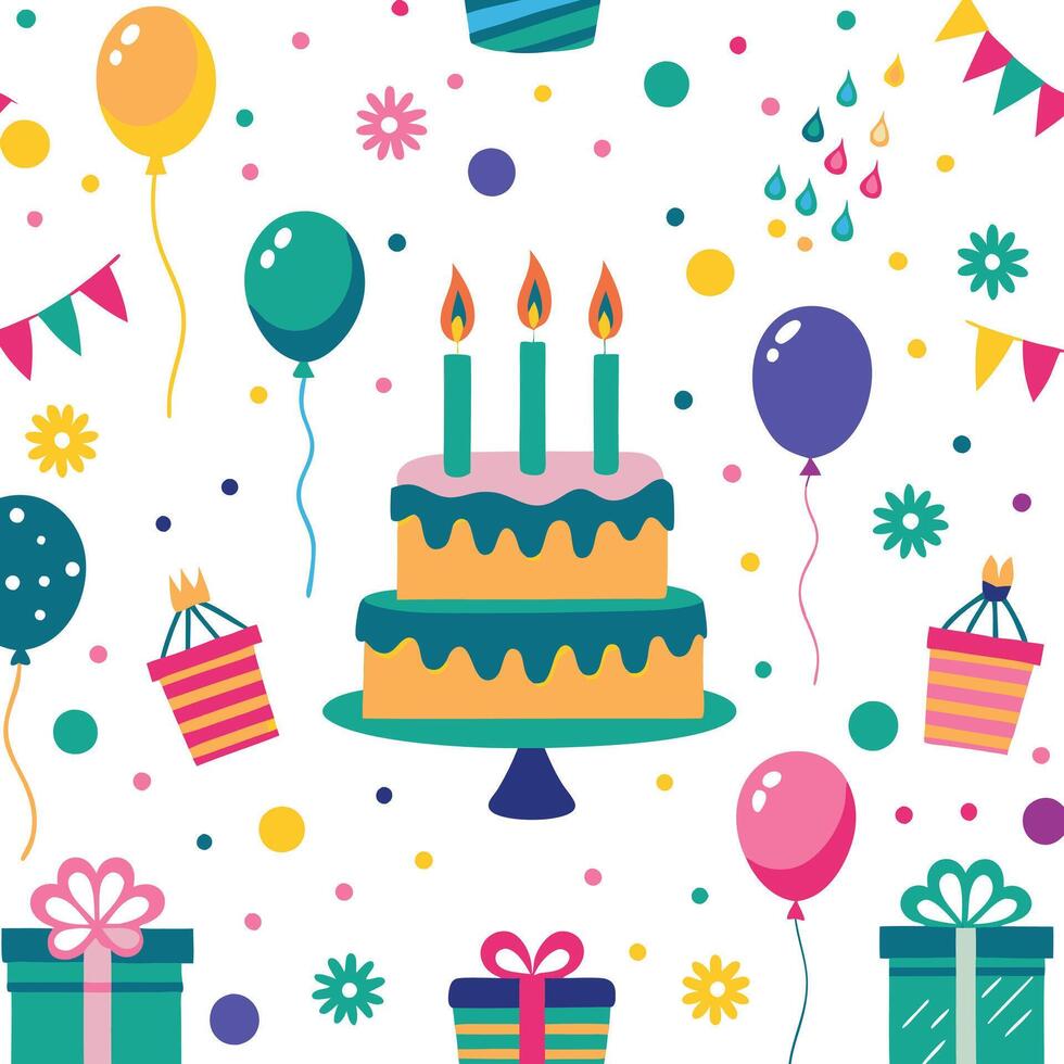 birthday seamless pattern with cake, balloons and gifts vector