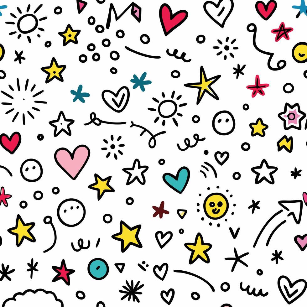 a colorful doodle pattern with hearts, stars and other symbols vector