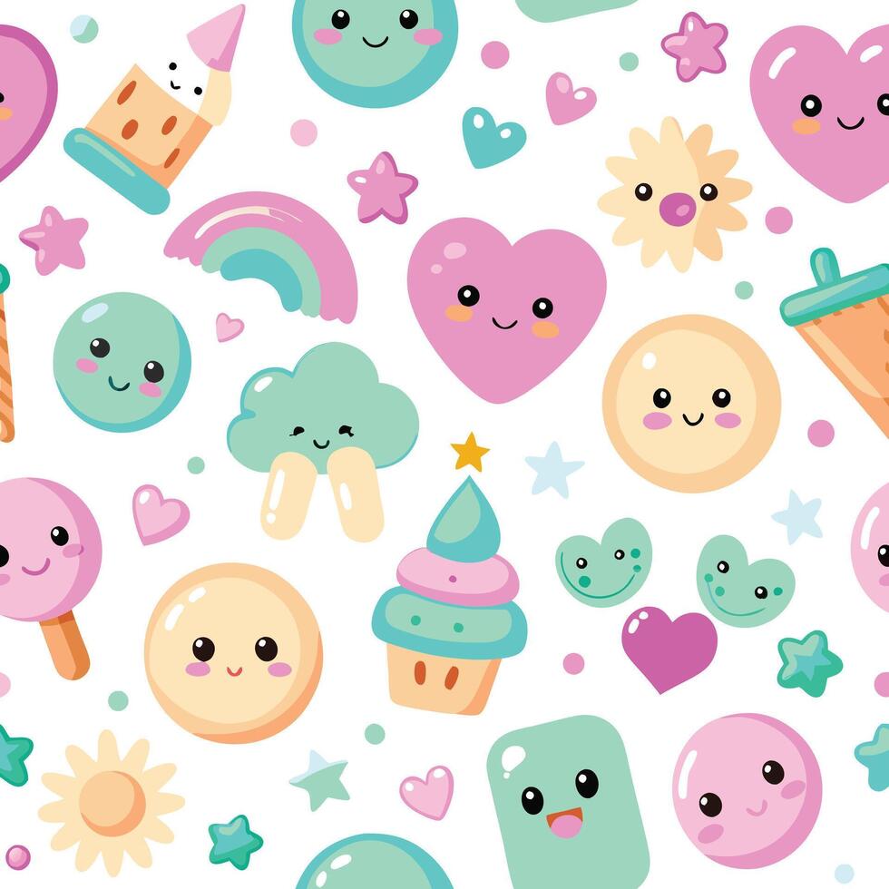 cute kawaii seamless pattern with hearts, ice cream, and other items vector