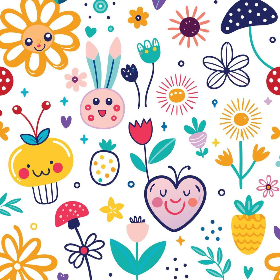 seamless pattern with cute flowers and animals vector