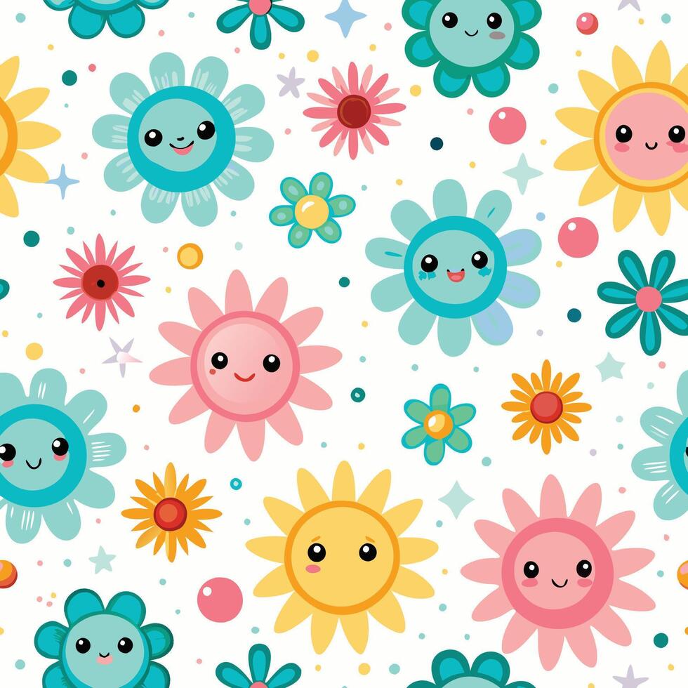 a pattern with cute flowers and stars vector