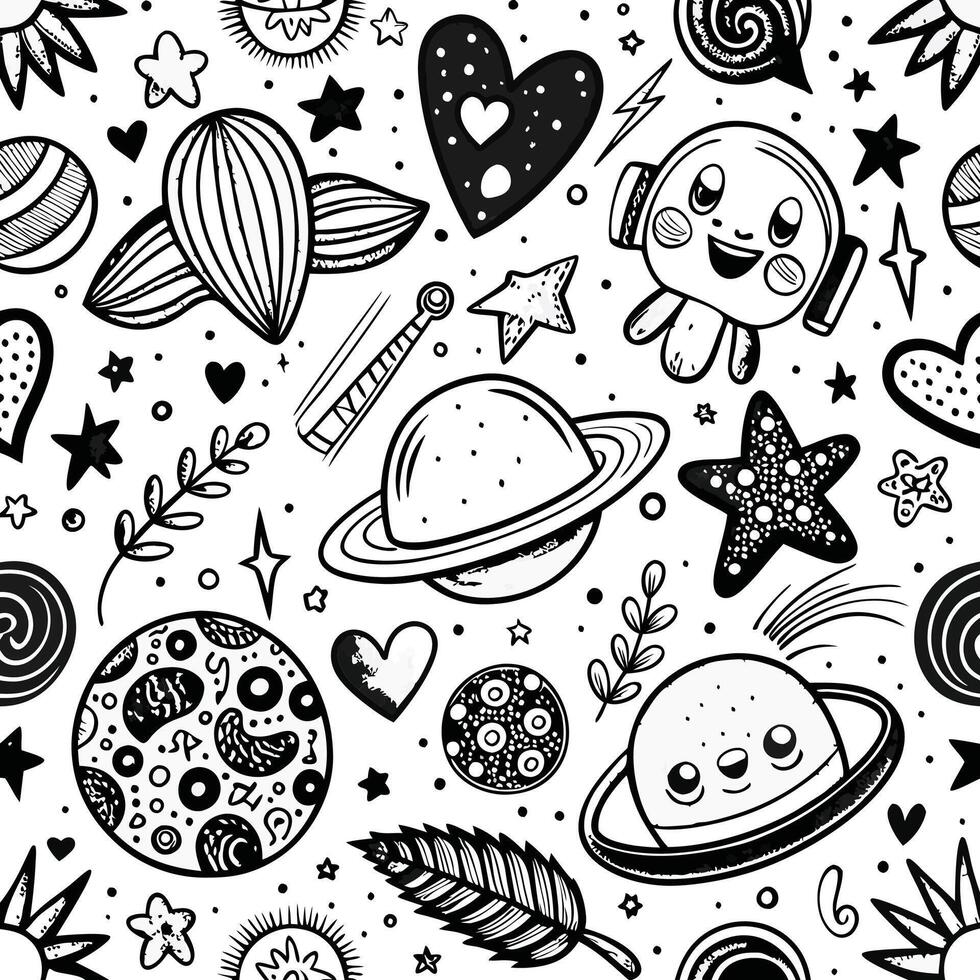 a black and white space themed pattern with planets, stars and hearts vector