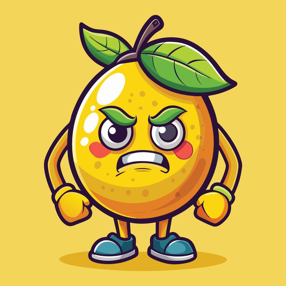 an angry lemon character with a green leaf on its head vector