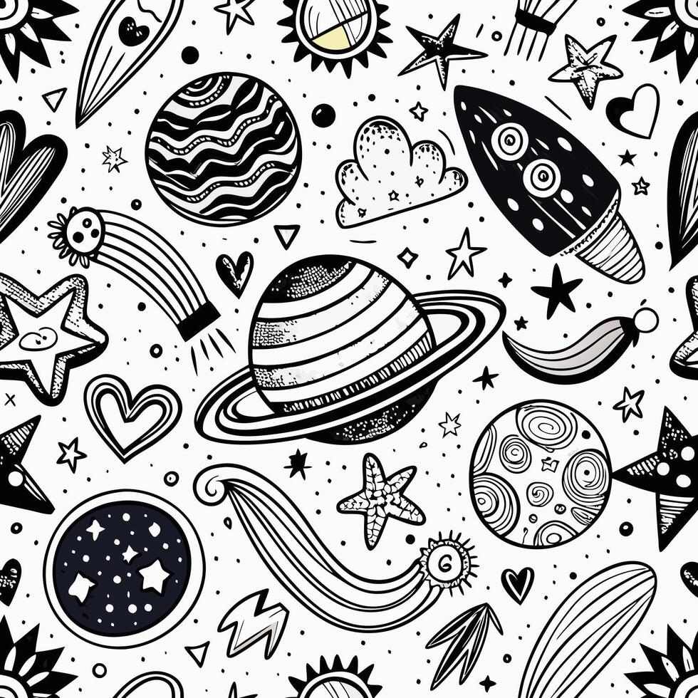 a black and white space themed pattern with planets, stars and other objects vector