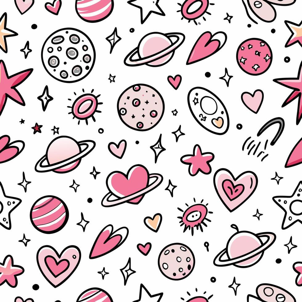 a pink and white space pattern with stars and planets vector