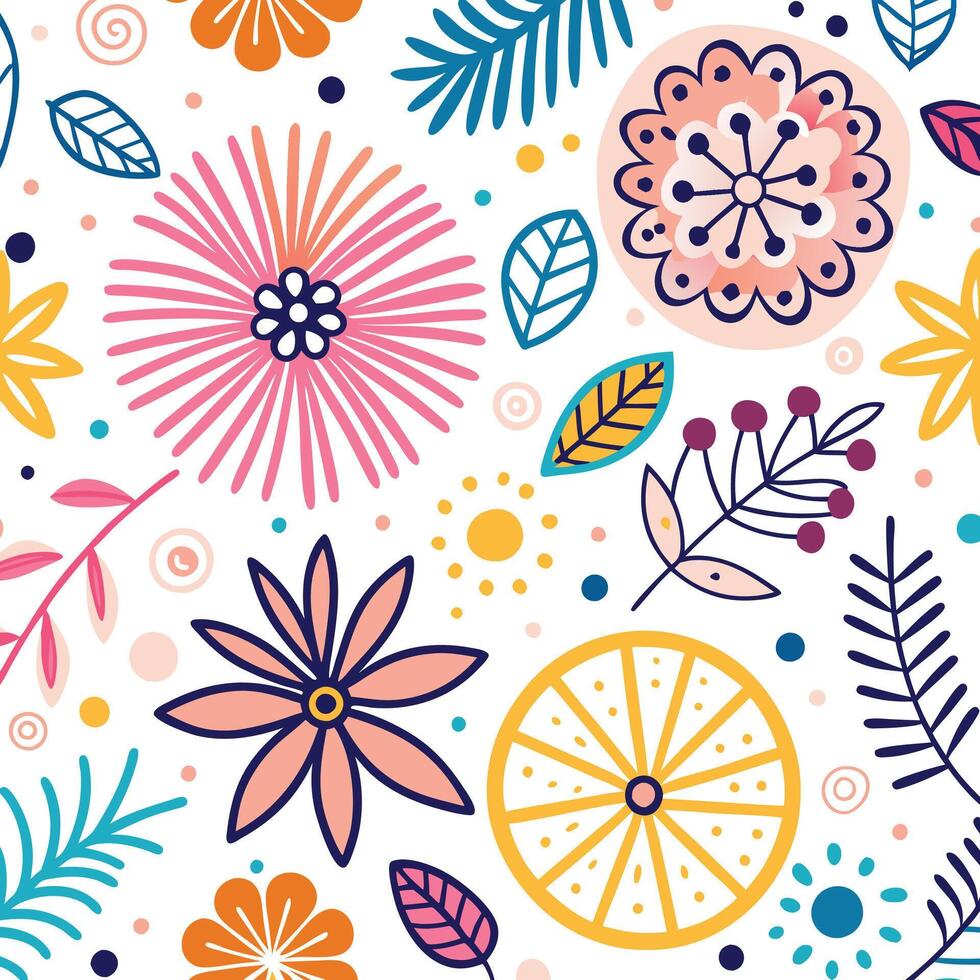 floral seamless pattern with colorful flowers and leaves vector