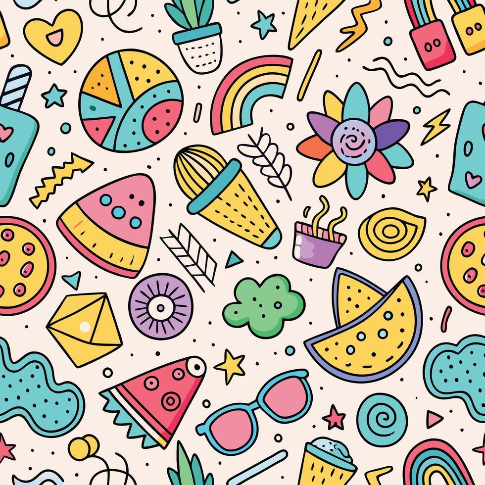 seamless pattern with colorful objects and doodles vector