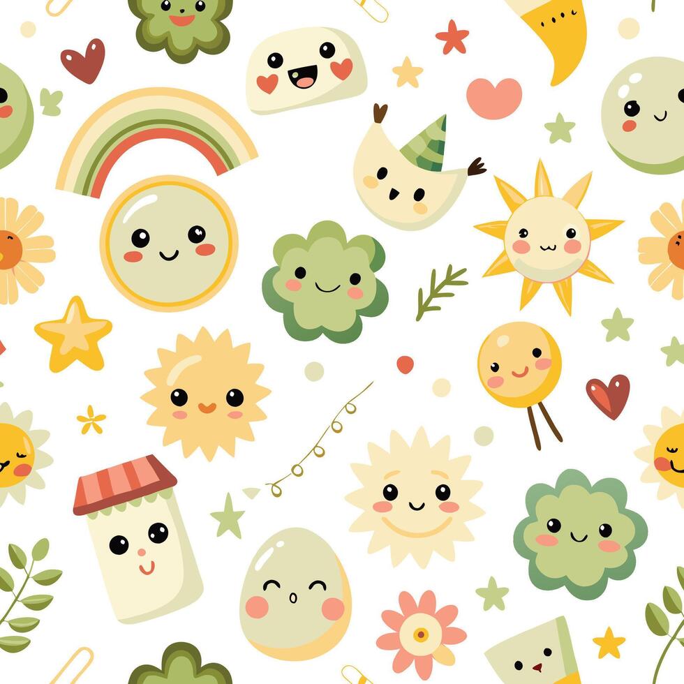 a pattern with cute faces and flowers vector