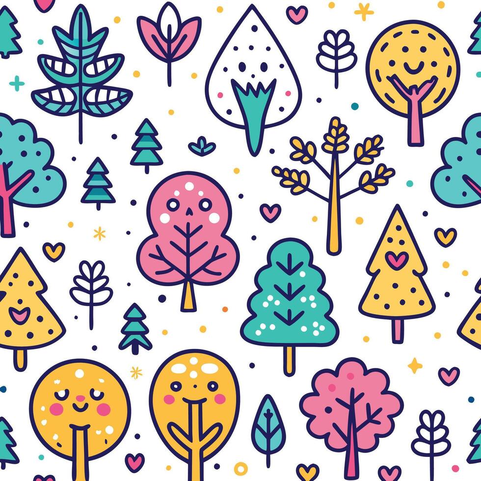 seamless pattern with cute trees and hearts vector