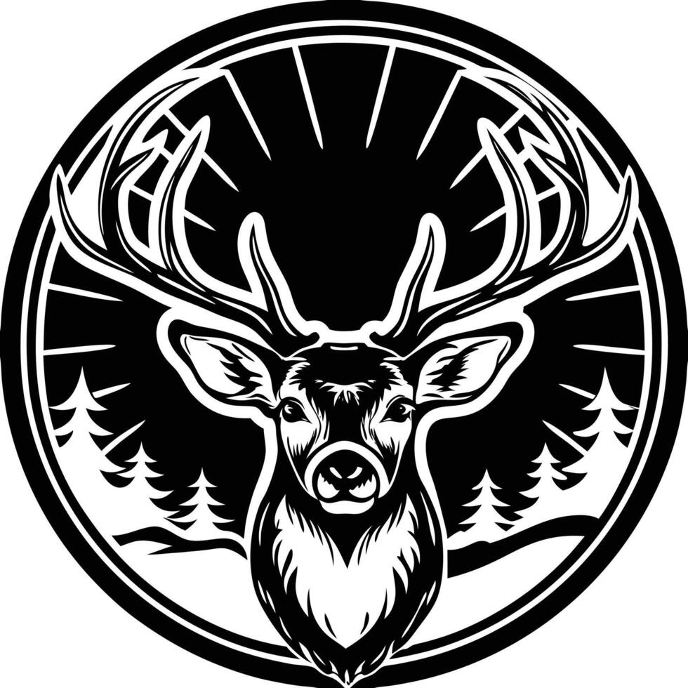 a deer head in a circle with a sun in the background vector