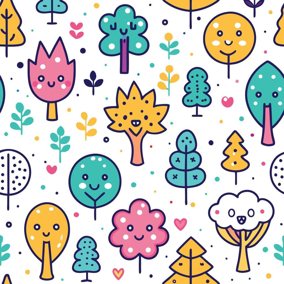 seamless pattern with cute trees and flowers vector