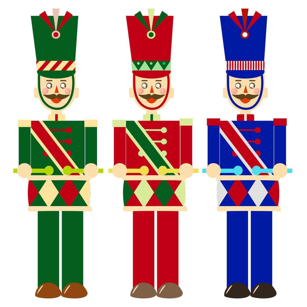 Triple Nutcrackers of Christmas theme, red, green, blue. Icons symbol group of object. White background. vector