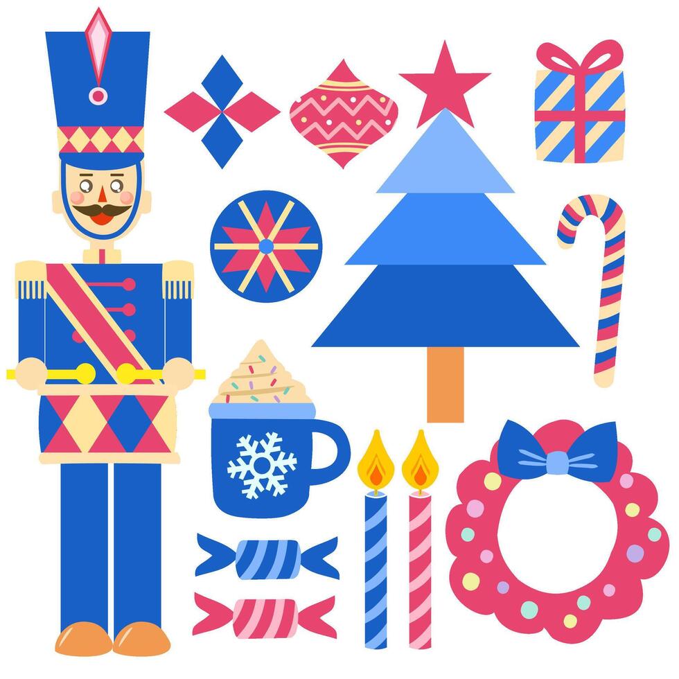 Element of Christmas icons in blue pink red color. vector