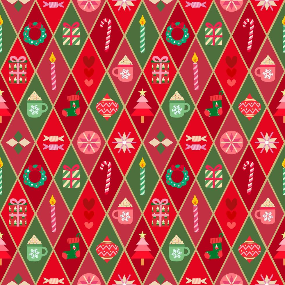 Christmas Ornaments in Argyle Xmas Theme. Cute Style. Seamless Pattern. Wrapping paper, gift, wallpaper. vector