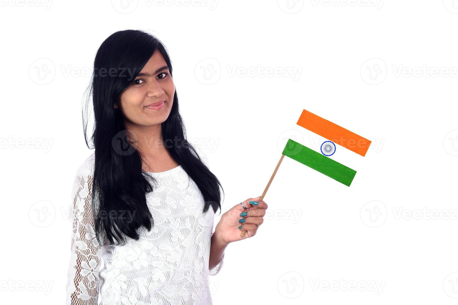 Girl with Indian flag or tricolour on white background, Indian Independence day, Indian Republic day photo