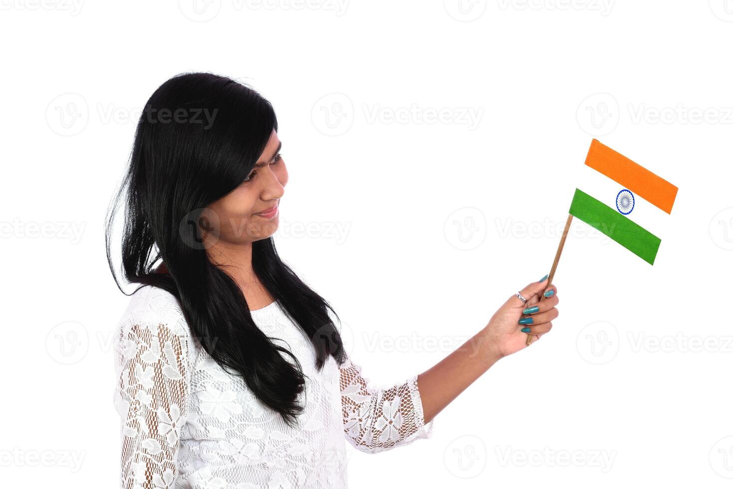 Girl with Indian flag or tricolour on white background, Indian Independence day, Indian Republic day photo