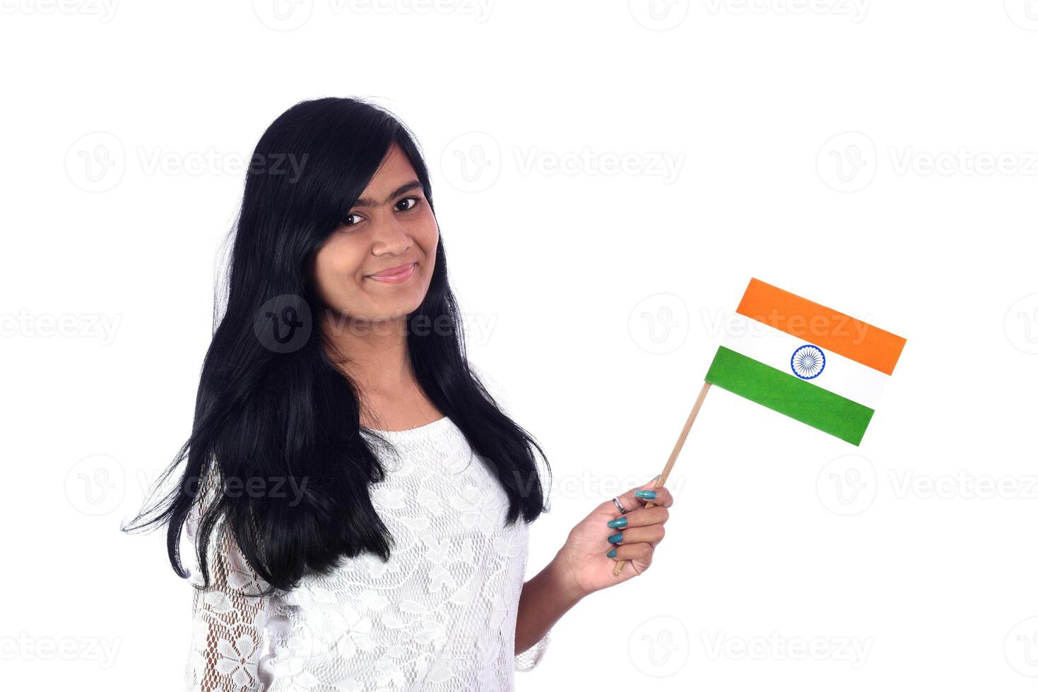Girl with Indian flag or tricolour on white background, Indian Independence day, Indian Republic day photo
