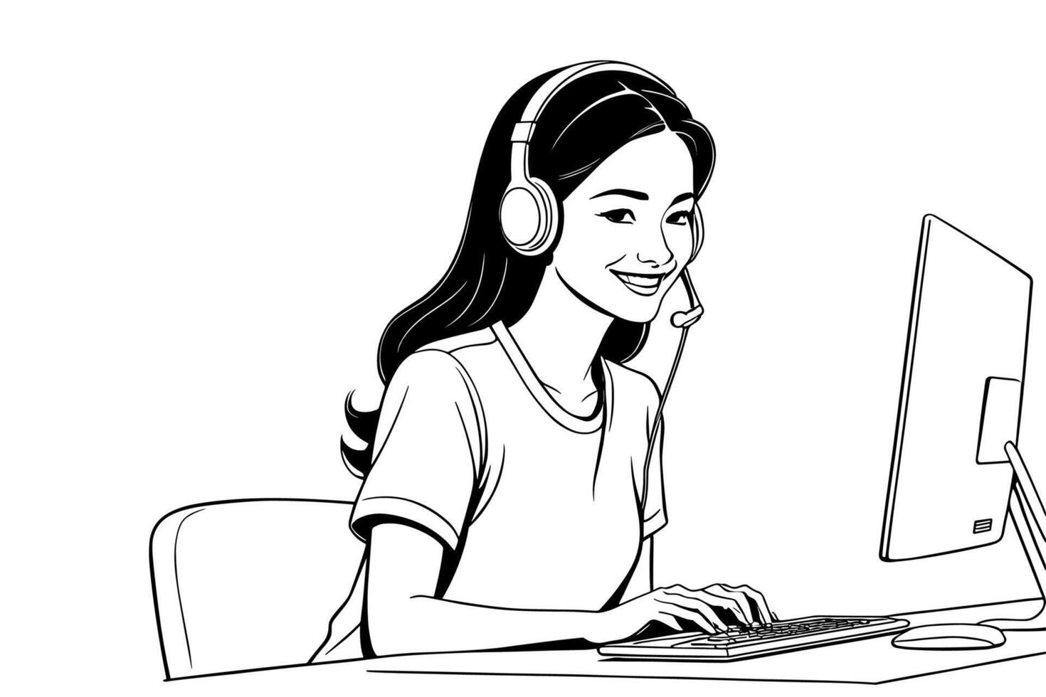 A woman in headphones is working on a computer vector