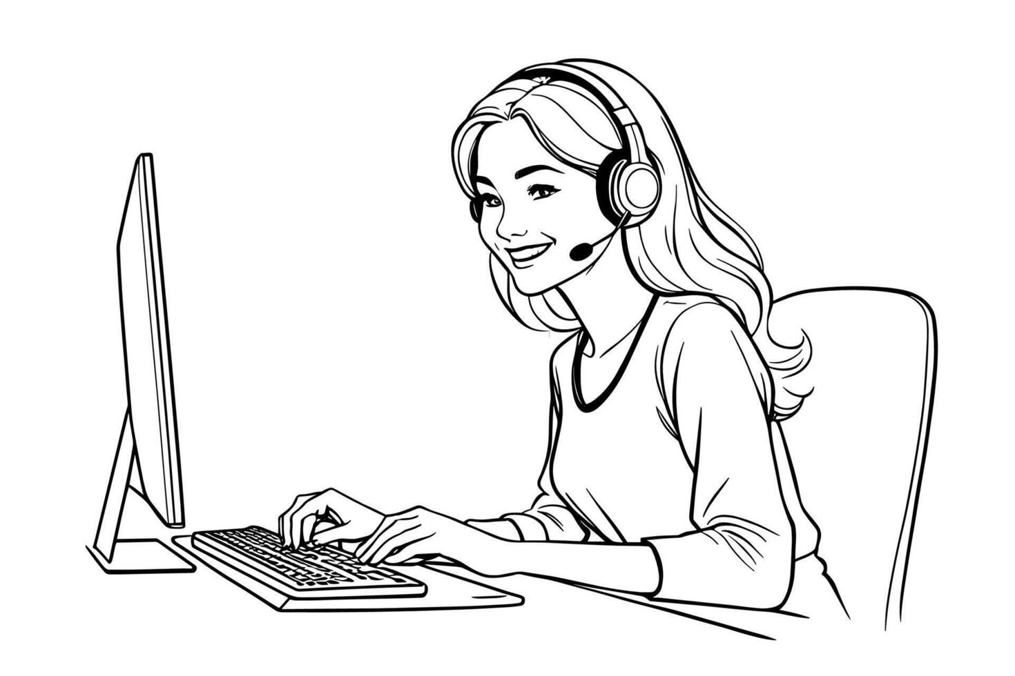 A woman wearing headphones is working on a computer vector
