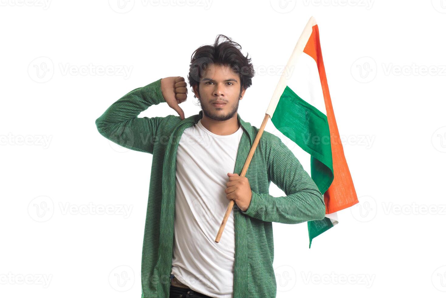 Young man with Indian flag or tricolor on white background, Indian Independence day, Indian Republic day photo